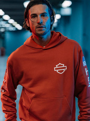 Recreated Factory Racing orange pullover hoodie with midweight fleece construction and classic kangaroo pocket design