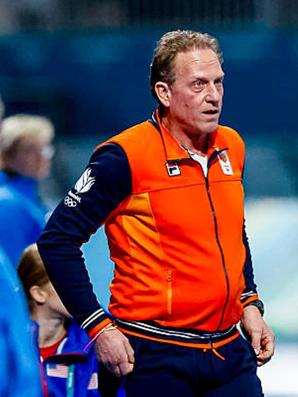 Coach Rintje Ritsma Milano Cortina 2026 Team Netherlands jacket in orange and navy with structured fit and sporty detailing