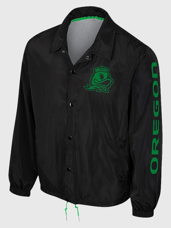 Black full-snap jacket recreated from The Wild Collective Oregon Ducks coaches outerwear style