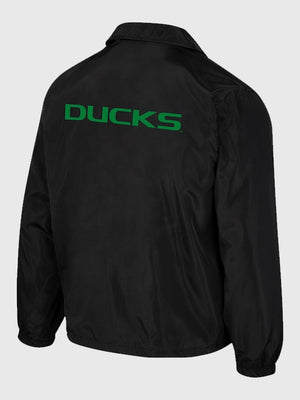 RECREATED Oregon Ducks unisex coaches jacket in black with practical snap closure and casual streetwear look