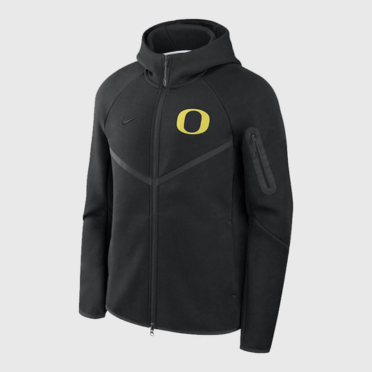 Oregon Ducks Nike College Tech Fleece Hooded Jacket in black crafted for comfort, mobility, and modern appeal.