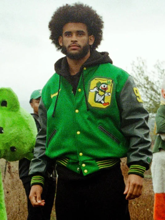 Green Nike Oregon varsity jacket recreated from the Grateful Ducks lettermen edition.