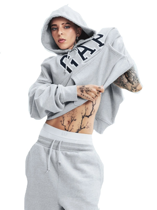 RECREATED Gap x Young Miko 2026 Grey Fleece Pullover Hoodie featuring soft fleece fabric with a relaxed hooded silhouette