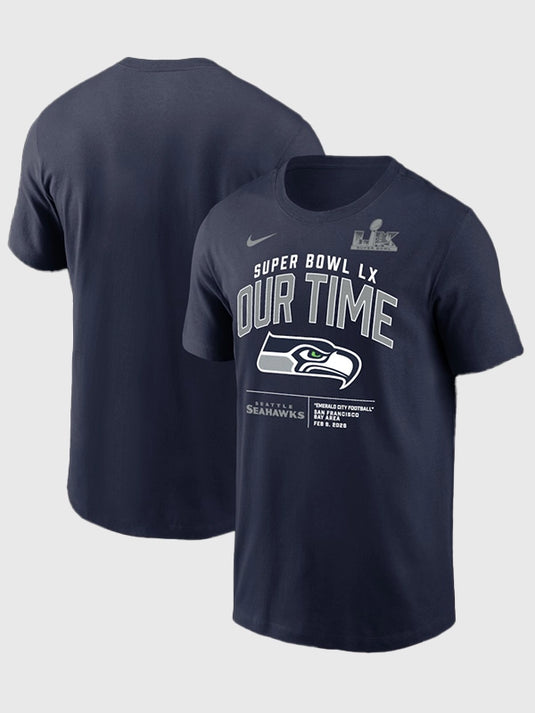Recreated Seattle Seahawks Super Bowl LX Our Time Clear Sign graphic t-shirt in navy by Nike