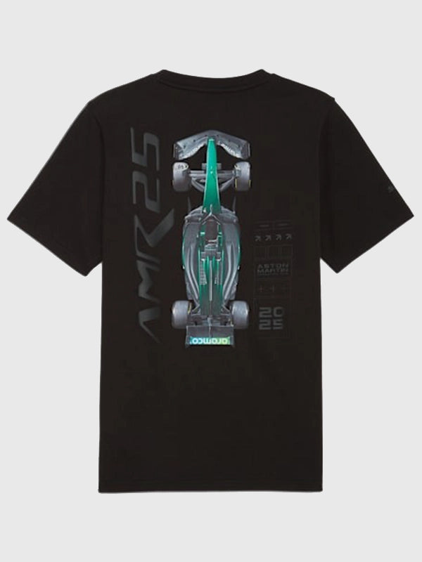 Recreated PUMA x Aston Martin Aramco F1 Team unisex black graphic T-shirt with a sleek motorsport look