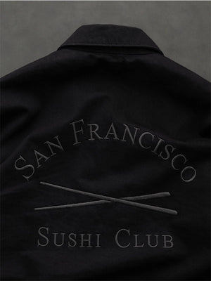 Recreated Gap × Sushi Club black denim jacket with loose fit, front pockets, and vintage-inspired design