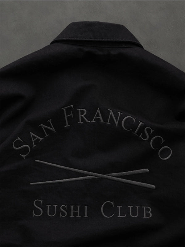 Recreated Gap × Sushi Club black denim jacket with loose fit, front pockets, and vintage-inspired design