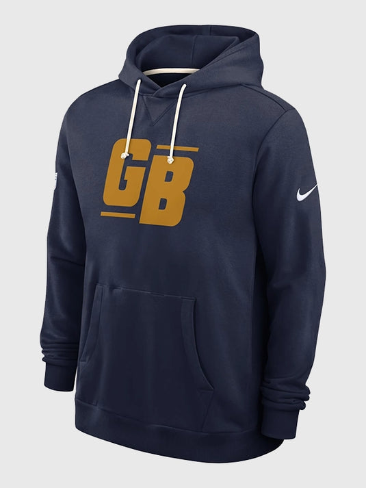 Green Bay Packers sideline pullover hoodie by Nike in navy crafted for the Alt Offensive Set Play edition.