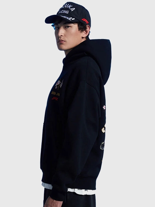 Formula 1 x Pacsun Suzuka Sakura pullover hoodie in black, RECREATED with soft fleece texture, ribbed trims, and understated racing-inspired design