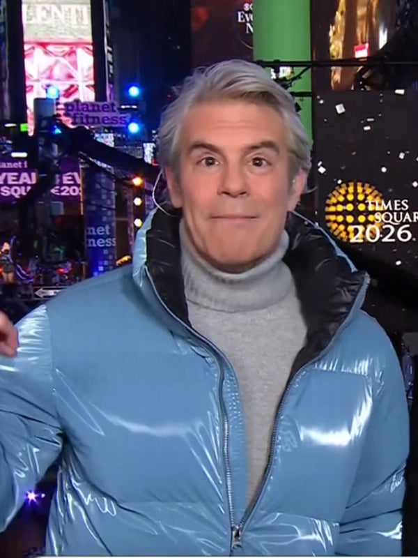 Recreated Andy Cohen NYE 2026 blue puffer jacket by Mackage featuring a warm insulated build and detachable hood