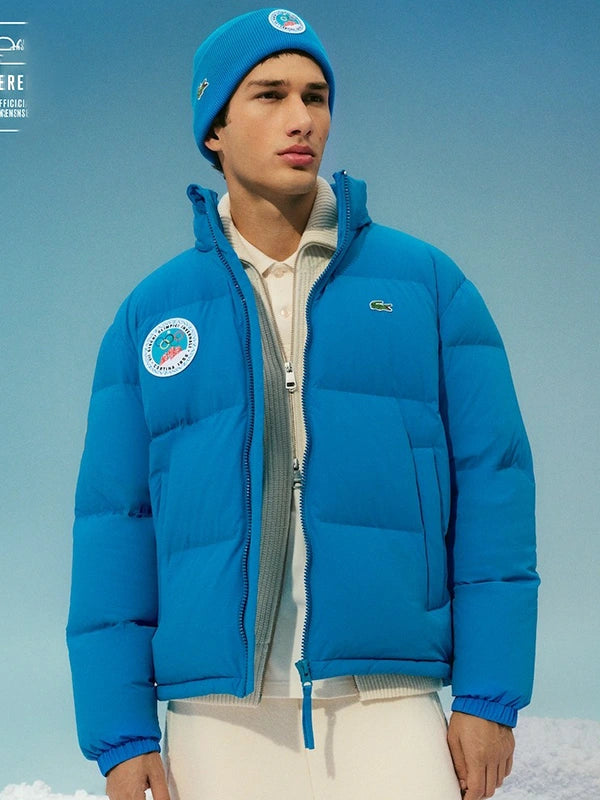 RECREATED Lacoste Cortina d’Ampezzo 1956 Olympic Heritage men’s full-zip puffer jacket in blue with insulated warmth