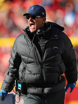 2025 Los Angeles Chargers Jim Harbaugh black parachute puffer jacket by Nike with minimalist design