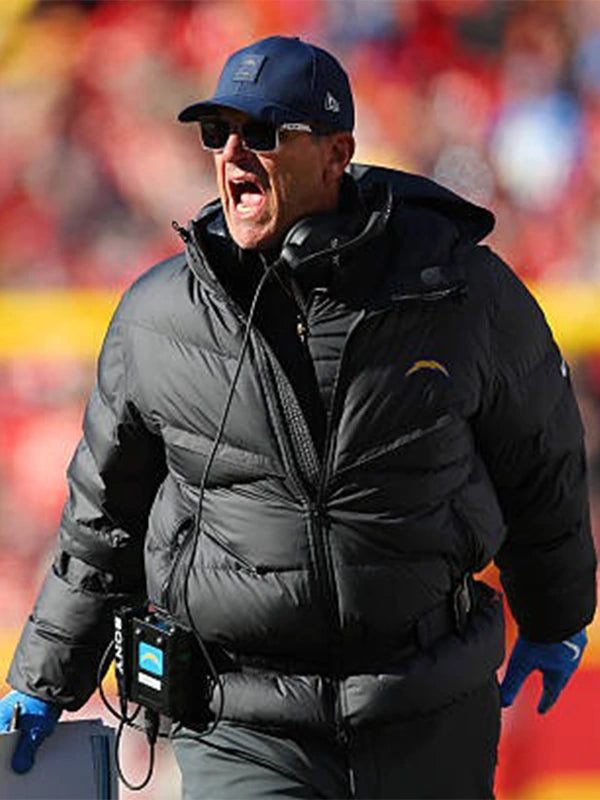 2025 Los Angeles Chargers Jim Harbaugh black parachute puffer jacket by Nike with minimalist design