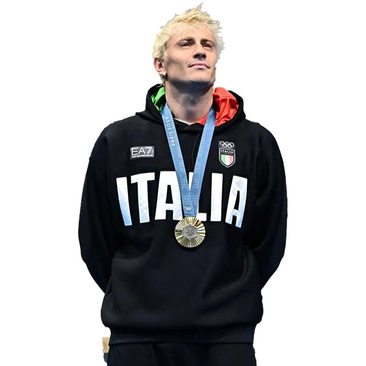 Black fleece hoodie inspired by Italia Paris Olympics styling recreated for comfortable daily wear
