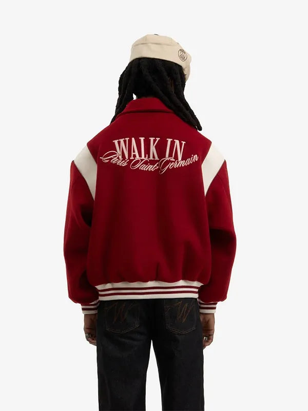 Walk in Paris 2026 Paris Saint-Germain red varsity jacket crafted from wool blend fabric with refined stitching details