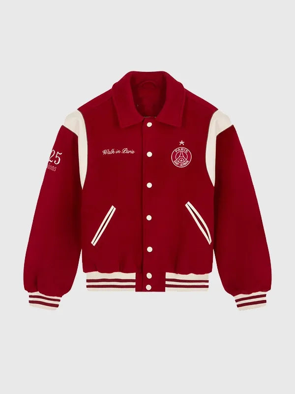 Paris Saint-Germain Walk in Paris 2026 red wool varsity jacket designed with classic trims and bold club-inspired styling