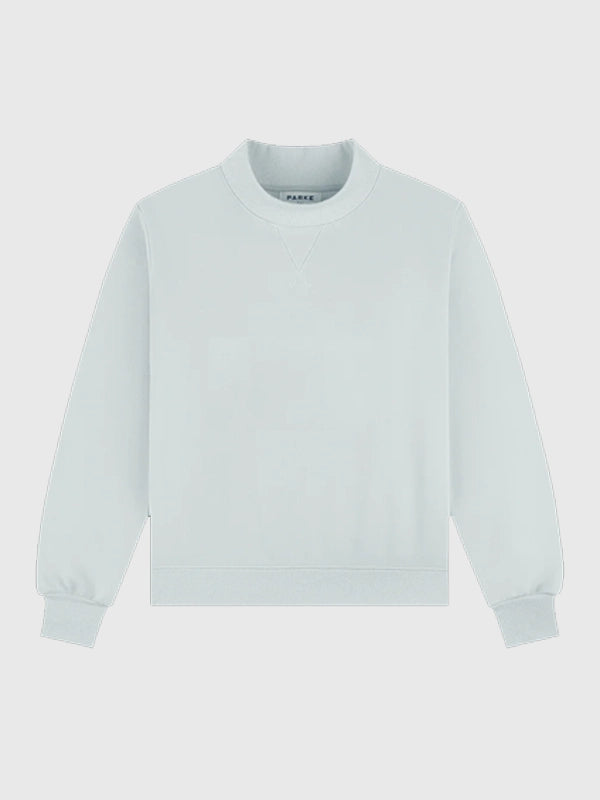 RECREATED Parke 2026 Bridal Classic Oversized Mockneck Fleece Sweatshirt in Blue featuring soft fleece fabric with a relaxed oversized silhouette