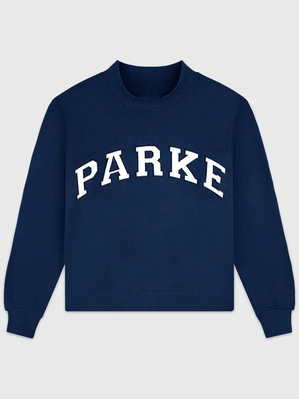 2026 Parke Vintage Denim Varsity Mockneck Fleece Sweatshirt featuring soft fleece lining and denim-inspired contrast detailing