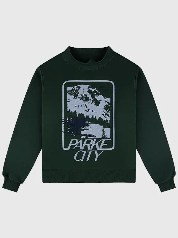 RECREATED Parke 2026 Sport Graphic Mockneck Fleece Sweatshirt in Green featuring soft fleece fabric with bold sporty graphic detailing
