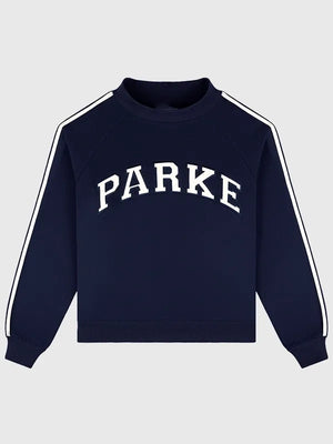RECREATED Parke 2026 Navy Blue Sport Stripe Mockneck Sweatshirt designed with a modern sporty silhouette and comfortable fleece construction
