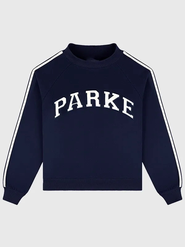 RECREATED Parke 2026 Navy Blue Sport Stripe Mockneck Sweatshirt designed with a modern sporty silhouette and comfortable fleece construction