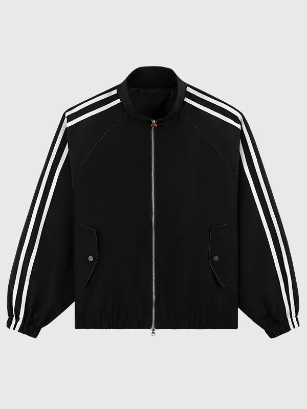 RECREATED Parke 2026 Sport Stripe Nylon Jacket in Black featuring lightweight nylon construction with bold athletic stripe detailing