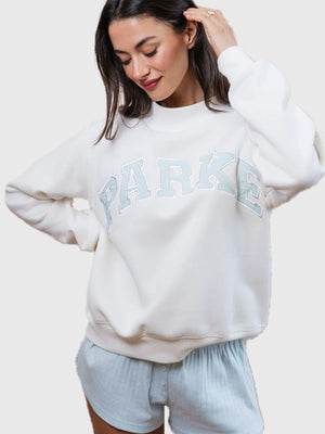 RECREATED Parke Bridal Varsity Mockneck Fleece Sweatshirt 2026 featuring a structured neckline with soft interior fleece