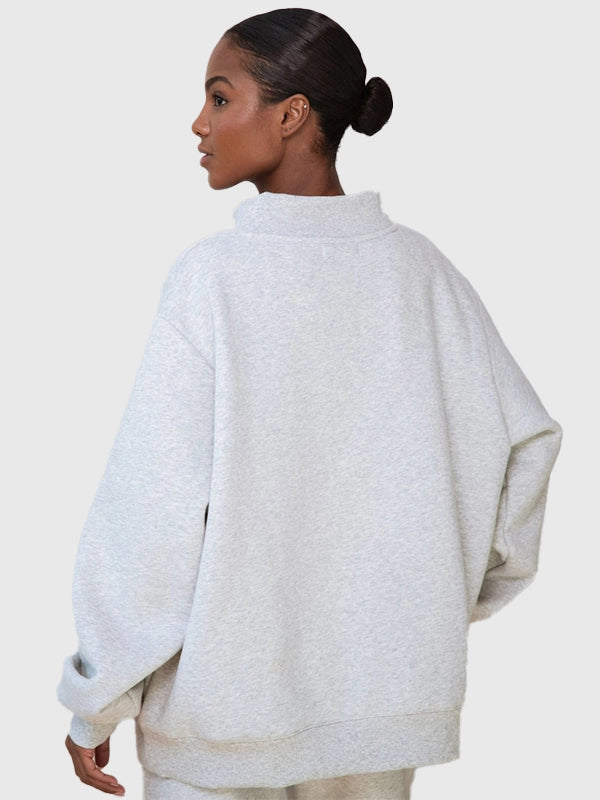 Grey Parke & Brunch varsity mockneck fleece sweatshirt recreated with soft brushed fabric and classic collegiate styling.