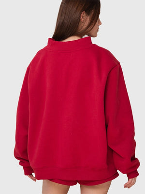 Recreated red Parke & Brunch Valentine’s fleece sweatshirt with mockneck collar and timeless varsity style cues.