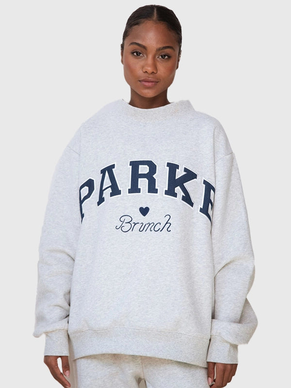 Grey Parke & Brunch varsity mockneck fleece sweatshirt recreated with soft brushed fabric and classic collegiate styling.