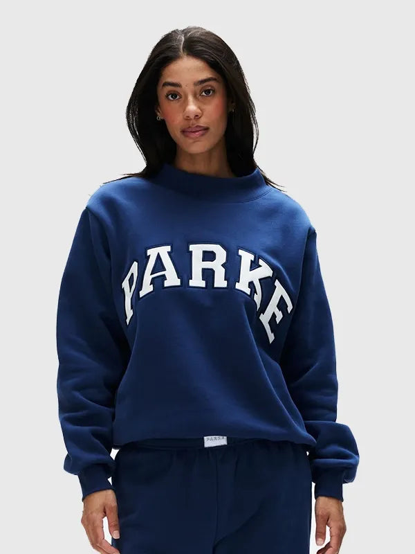 2026 Vintage Denim Varsity Parke Sweatshirt crafted with mockneck design, cozy interior, and subtle retro-inspired accents