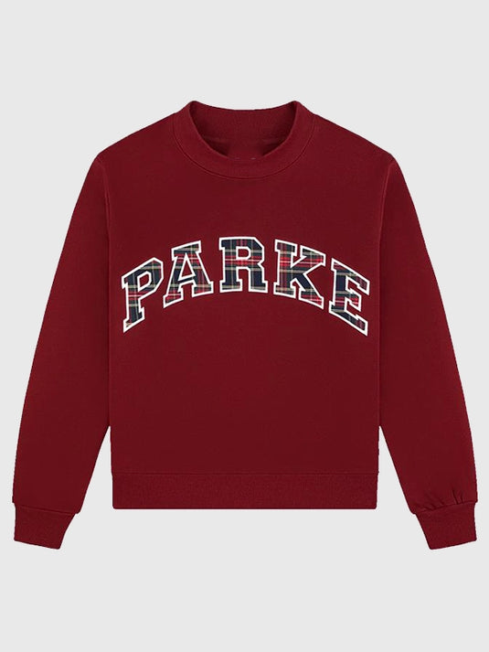 Recreated 2025 Parke Holiday Plaid Varsity Fleece Mockneck Sweatshirt in maroon featuring a soft fleece build and subtle plaid detailing.
