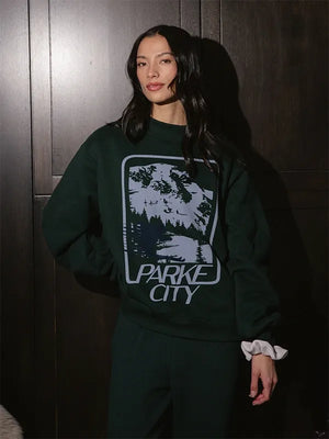 RECREATED Parke 2026 Green Sport Graphic Mockneck Fleece Sweatshirt designed with a structured mockneck collar and comfortable fleece construction