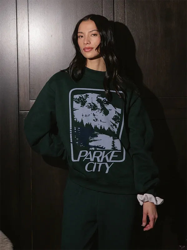 RECREATED Parke 2026 Green Sport Graphic Mockneck Fleece Sweatshirt designed with a structured mockneck collar and comfortable fleece construction
