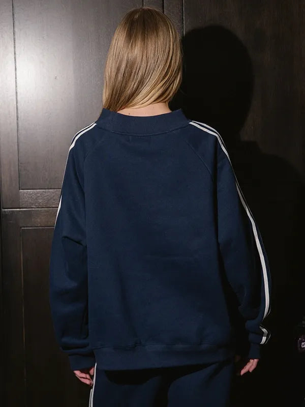 RECREATED Parke 2026 Sport Stripe Mockneck Sweatshirt in Navy Blue offering cozy fleece comfort with contemporary athletic styling