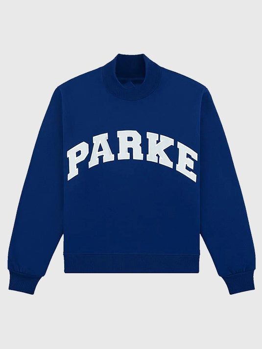 Recreated 2025 Parke Holiday Varsity Turtleneck Fleece Sweatshirt in blue featuring a warm fleece build and classic turtleneck design.