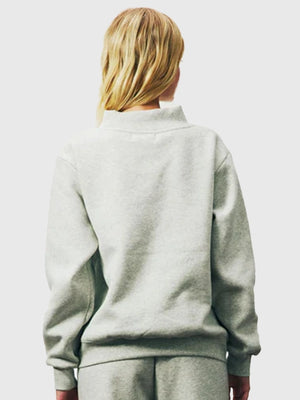 Grey fleece mockneck from the Recreation 2025 Parke Holiday line featuring minimal varsity accents and smooth fleece texture.