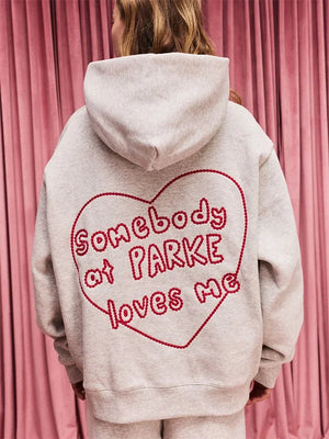 RECREATED Parke Drop Valentine’s 2026 grey hoodie showcasing the Somebody At Parke Loves Me slogan