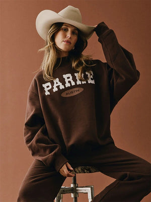 Recreated Parke Austin Signature Mockneck Fleece Sweatshirt in brown with classic embroidered detail.