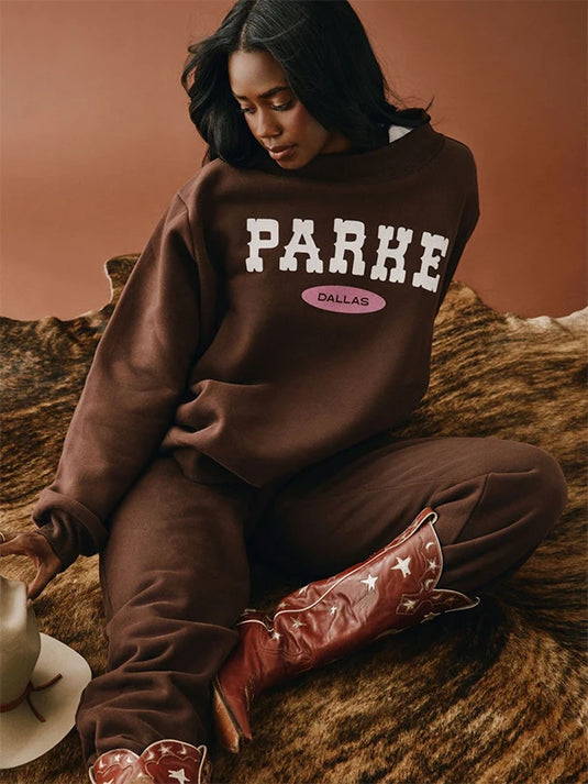 Brown Parke Dallas fleece sweatshirt with a structured mockneck and minimalist signature logo.