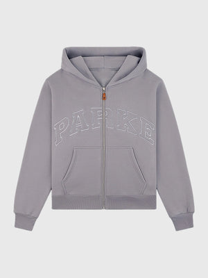 Parke 2026 monochrome varsity zip up hoodie in grey fleece with a clean athletic silhouette