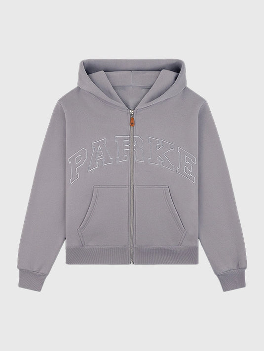 Parke 2026 monochrome varsity zip up hoodie in grey fleece with a clean athletic silhouette