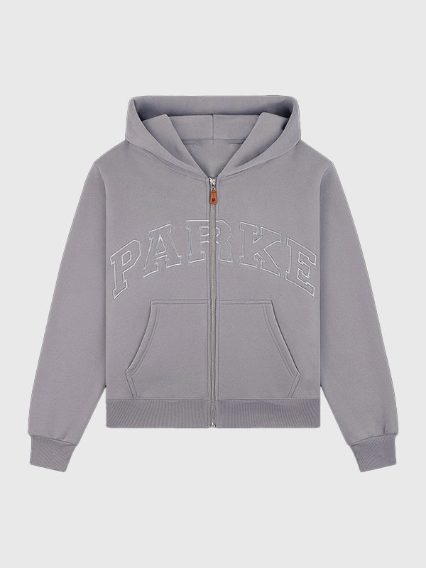 Parke 2026 monochrome varsity zip up hoodie in grey fleece with a clean athletic silhouette