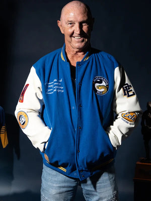 RECREATED Blue and White Parramatta Eels 1986 Premiers Wool Varsity Jacket combining a soft wool body with sleek leather sleeves for a timeless look