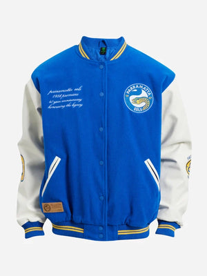 RECREATED Parramatta Eels 1986 Premiers Wool Varsity Jacket with Leather Sleeves in Blue & White featuring a classic two-tone silhouette with premium wool and leather construction