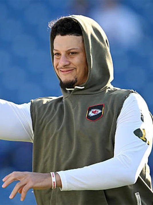 Olive Green Patrick Mahomes Kansas City Chiefs 2025 Sleeveless Salute to Service Hoodie with modern cut.
