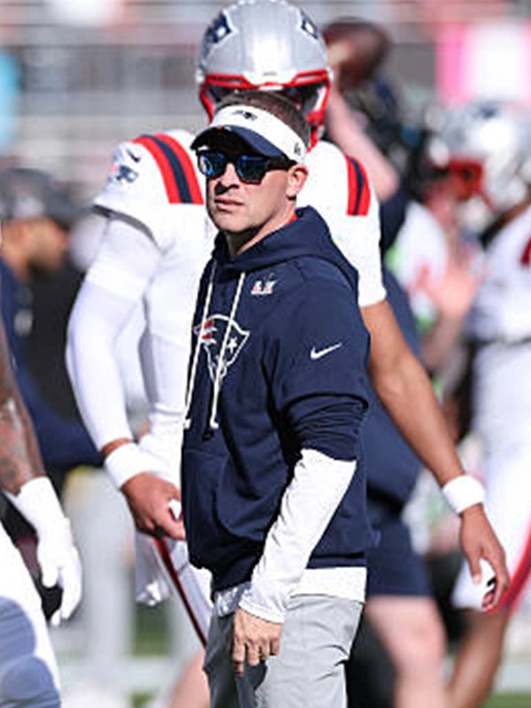 Navy New England Patriots pullover fleece hoodie inspired by Super Bowl LX 2026 sideline wear with a classic team look