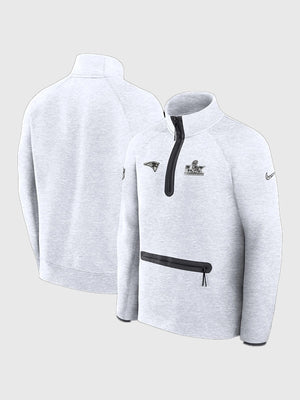 A grey RECREATED New England Patriots Nike Tech Fleece jacket styled for Super Bowl LX Opening Night 2026, featuring soft, lightweight fleece for all-day comfort.