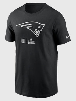 Black Nike-style crewneck t-shirt inspired by the Patriots’ Super Bowl LX Opening Night 2026 look with classic fit and team-themed graphics.