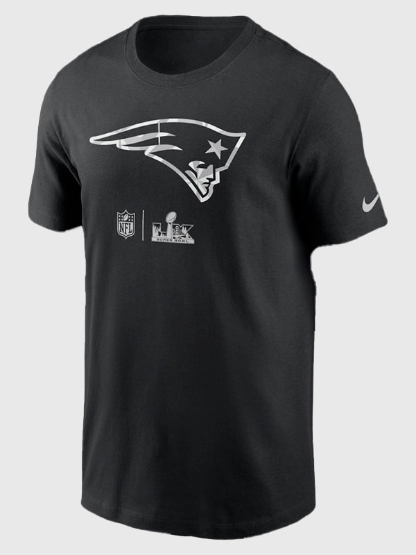 Black Nike-style crewneck t-shirt inspired by the Patriots’ Super Bowl LX Opening Night 2026 look with classic fit and team-themed graphics.